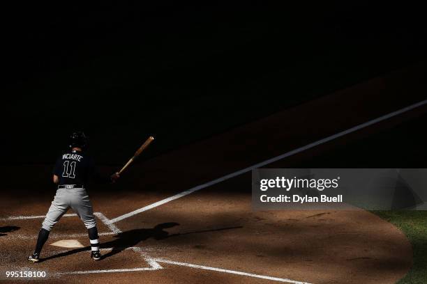 Ender Inciarte of the Atlanta Braves bats in the seventh inning against the Milwaukee Brewers at Miller Park on July 7, 2018 in Milwaukee, Wisconsin.