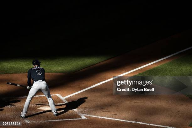 Freddie Freeman of the Atlanta Braves bats in the eighth inning against the Milwaukee Brewers at Miller Park on July 7, 2018 in Milwaukee, Wisconsin.