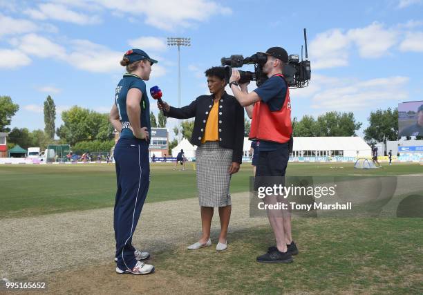 Heather Knight of England Women is interviewed after the coin toss during the 2nd ODI: ICC Women's Championship between England Women and New Zealand...