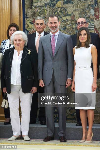 King Felipe VI of Spain and Queen Letizia of Spain receives Princess Pilar de Borbon and 'Nuevo Futuro' foundation members at Zarzuela Palace on July...