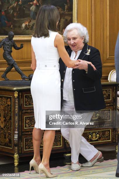 Queen Letizia of Spain receives Princess Pilar de Borbon at Zarzuela Palace on July 10, 2018 in Madrid, Spain.