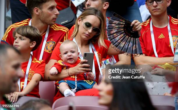 Romarey Ventura, wife of Jordi Alba of Spain holding their son Piero Alba during the 2018 FIFA World Cup Russia Round of 16 match between Spain and...