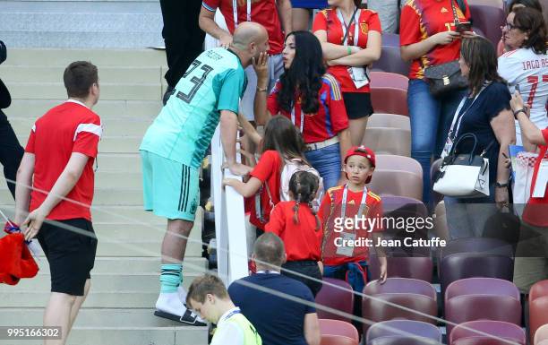 Goalkeeper of Spain Pepe Reina comes to see his family, his wife Yolanda Ruiz and their kids following the 2018 FIFA World Cup Russia Round of 16...