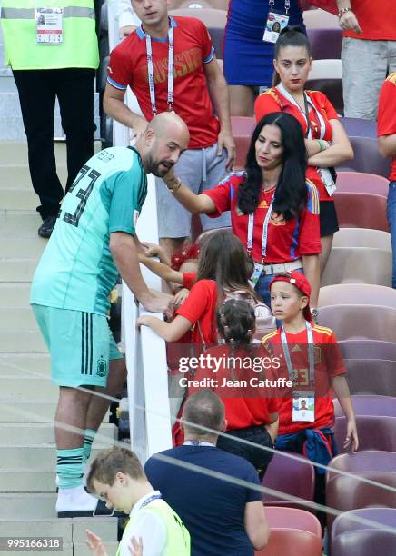 Goalkeeper of Spain Pepe Reina comes to see his family, his wife Yolanda Ruiz and their kids following the 2018 FIFA World Cup Russia Round of 16...