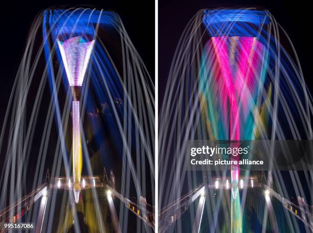 Two swings of a swingboat can be seen on the opening day of the 172nd Cannstatter folk festival in Stuttgart, Germany, 22 September 2017. The...