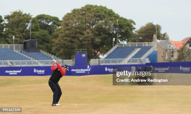 Hideki Matsuyama of Japan in action during practice for the Aberdeen Standard Investments Scottish Open at Gullane Golf Course on July 10, 2018 in...