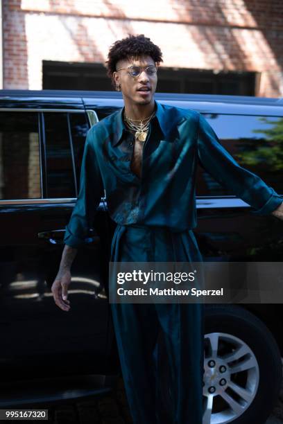 Kelly Oubre Jr. Is seen on the street attending Men's New York Fashion Week on July 9, 2018 in New York City.