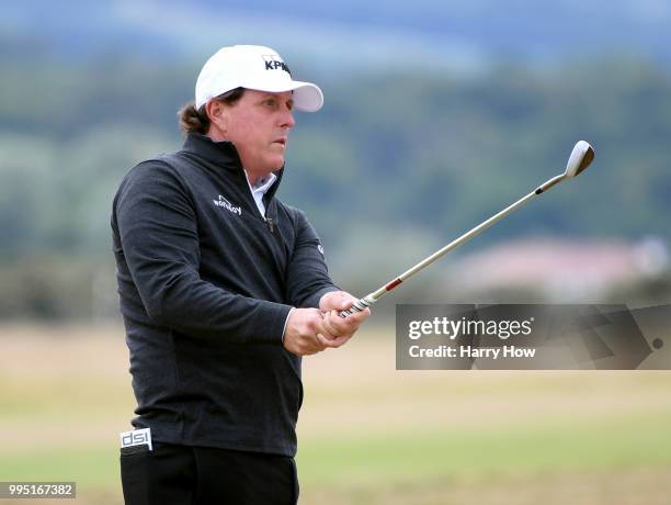 Phil Mickelson of the United States plays a chip during practice for the Aberdeen Standard Investments Scottish Open at Gullane Golf Course on July...