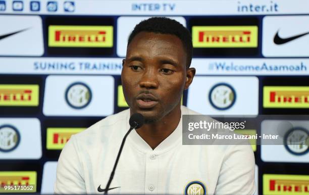 Internazionale new signing Kwadwo Asamoah speaks to the media during a press conference at Appiano Gentile on July 10, 2018 in Como, Italy.