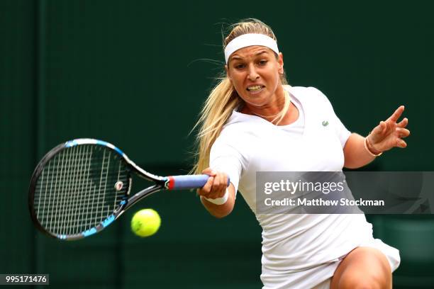 Dominika Cibulkova of Slovakia plays a forehand against Jelena Ostapenko of Latvia during their Ladies' Singles Quarter-Finals match on day eight of...