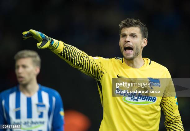 Hertha's goalkeeper Rune Jarstein during the German Bundesliga soccer match between Hertha BSC and Bayer Leverkusen in the Olympiastadion in Berlin,...