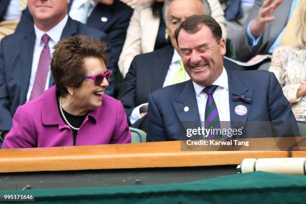 Billie Jean King and Wimbledon Chairman Philip Brook attend day eight of the Wimbledon Tennis Championships at the All England Lawn Tennis and...