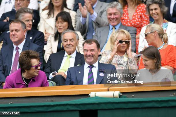 Billie Jean King, Wimbledon Chairman Philip Brook and Lady Sarah Chatto attend day eight of the Wimbledon Tennis Championships at the All England...