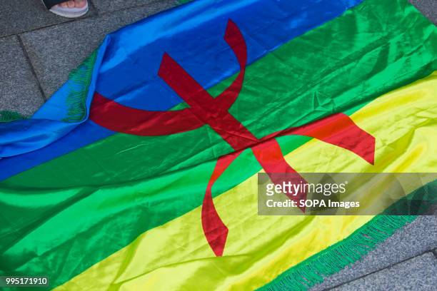 Flag seen during the protest. Members of the Hirak movement in Madrid protest demanding the release of the political prisoners of the Rif who were...