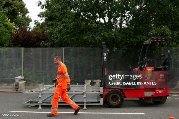 Security barriers are installed and roads closed close to Winfield House in Regent's Park, the US Ambassador's London residence, on July 10, 2018...