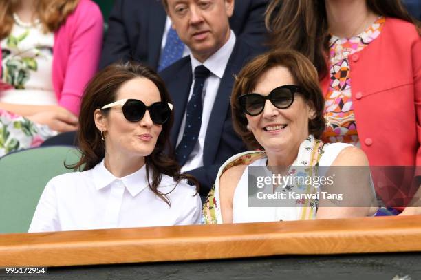 Michelle Dockery and Lorraine Dockery attend day eight of the Wimbledon Tennis Championships at the All England Lawn Tennis and Croquet Club on July...