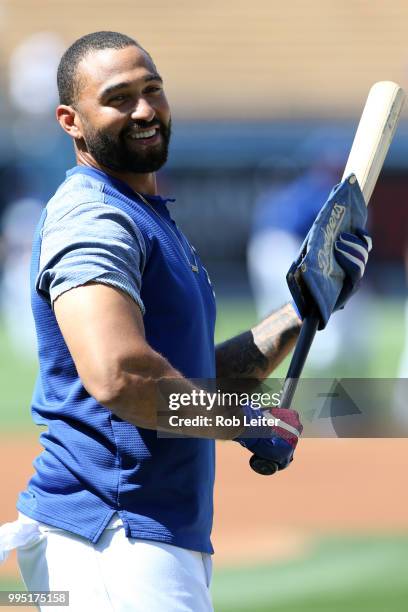 Matt Kemp of the Los Angeles Dodgers looks on before the game against the Atlanta Braves at Dodger Stadium on June 9, 2018 in Los Angeles,...