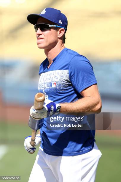 Chase Utley of the Los Angeles Dodgers plays shortstop during the game against the Atlanta Braves at Dodger Stadium on June 9, 2018 in Los Angeles,...