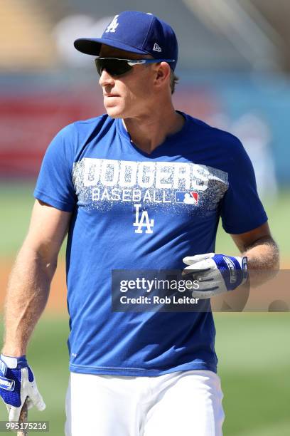 Chase Utley of the Los Angeles Dodgers plays shortstop during the game against the Atlanta Braves at Dodger Stadium on June 9, 2018 in Los Angeles,...