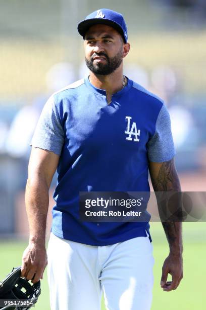 Matt Kemp of the Los Angeles Dodgers looks on before the game against the Atlanta Braves at Dodger Stadium on June 9, 2018 in Los Angeles,...