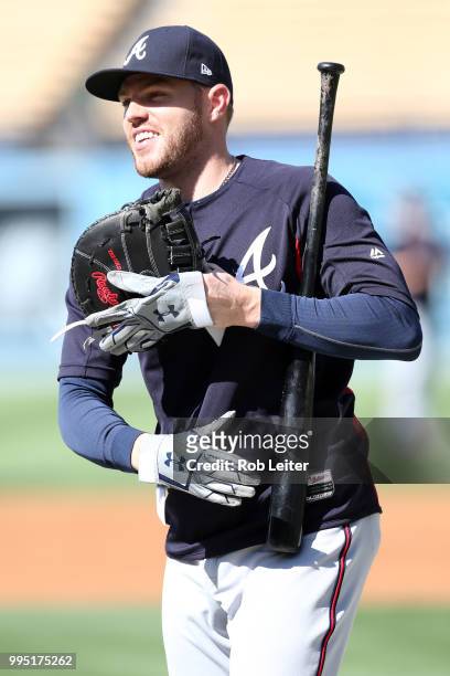 Freddie Freeman of the Atlanta Braves looks on before the game against the Los Angeles Dodgers at Dodger Stadium on June 9, 2018 in Los Angeles,...