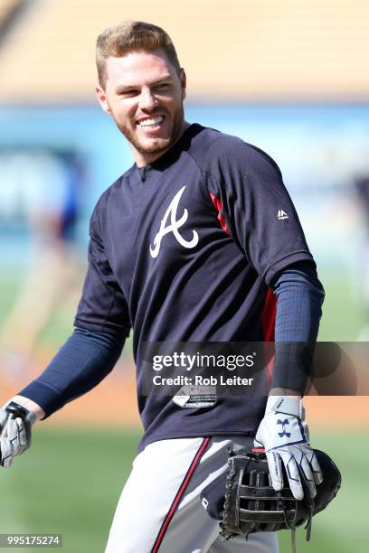 Freddie Freeman of the Atlanta Braves looks on before the game against the Los Angeles Dodgers at Dodger Stadium on June 9, 2018 in Los Angeles,...