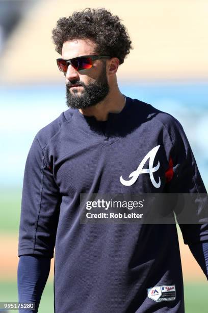 Nick Markakis of the Atlanta Braves looks on before the game against the Los Angeles Dodgers at Dodger Stadium on June 9, 2018 in Los Angeles,...