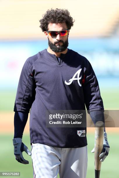 Nick Markakis of the Atlanta Braves looks on before the game against the Los Angeles Dodgers at Dodger Stadium on June 9, 2018 in Los Angeles,...