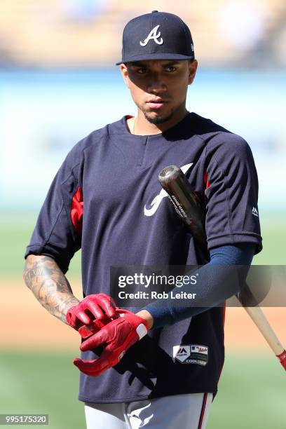 Johan Camargo of the Atlanta Braves looks on before the game against the Los Angeles Dodgers at Dodger Stadium on June 9, 2018 in Los Angeles,...