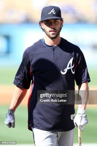 Dansby Swanson of the Atlanta Braves looks on before the game against the Los Angeles Dodgers at Dodger Stadium on June 9, 2018 in Los Angeles,...