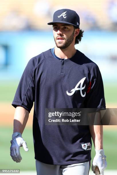 Dansby Swanson of the Atlanta Braves looks on before the game against the Los Angeles Dodgers at Dodger Stadium on June 9, 2018 in Los Angeles,...