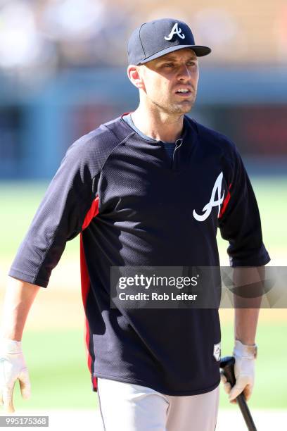 Peter Bourjos of the Atlanta Braves looks on before the game against the Los Angeles Dodgers at Dodger Stadium on June 9, 2018 in Los Angeles,...