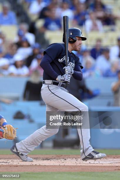 Freddie Freeman of the Atlanta Braves bats during the game against the Los Angeles Dodgers at Dodger Stadium on June 9, 2018 in Los Angeles,...