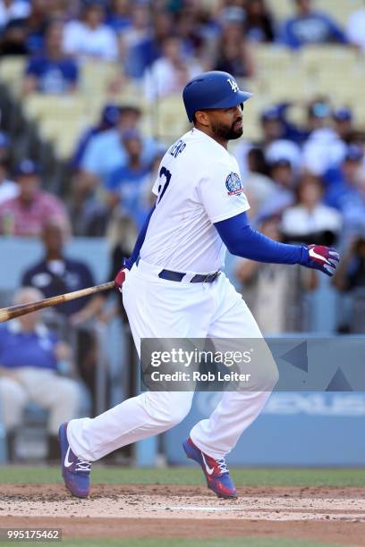 Matt Kemp of the Los Angeles Dodgers bats during the game against the Atlanta Braves at Dodger Stadium on June 9, 2018 in Los Angeles, California....