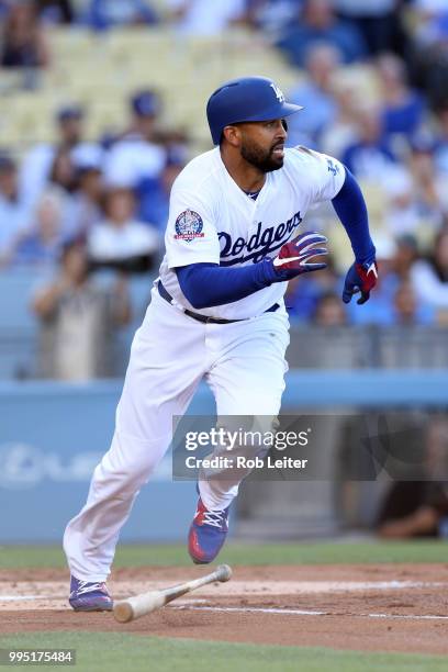 Matt Kemp of the Los Angeles Dodgers runs during the game against the Atlanta Braves at Dodger Stadium on June 9, 2018 in Los Angeles, California....