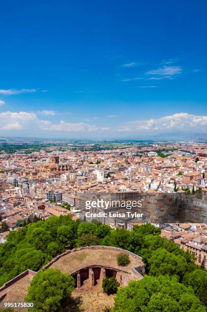 View over Granada from the top of the original citadel, known as Alcazaba, at the Alhambra, a 13th century Moorish palace complex in Granada, Spain....