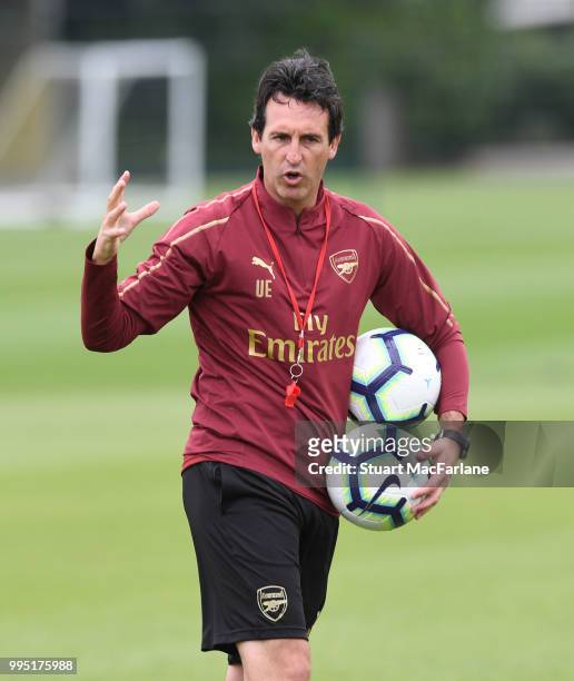 Arsenal Head Coach Unai Emery during a training session at London Colney on July 10, 2018 in St Albans, England.