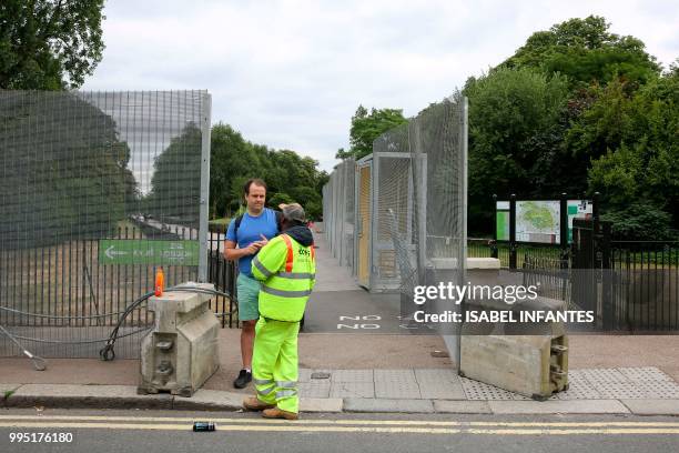 Security barriers are installed and roads closed close to Winfield House in Regent's Park, the US Ambassador's London residence, on July 10, 2018...