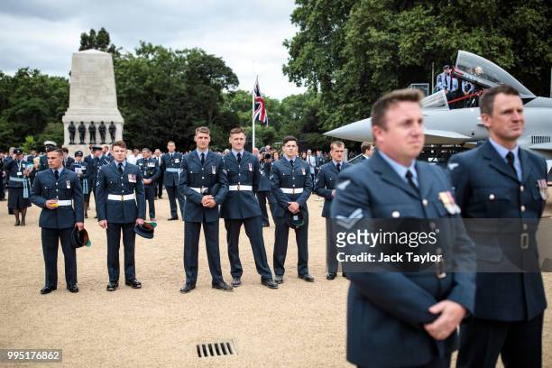 Members of the Royal Airforce gather at Horse Guards Parade during RAF 100 celebrations on July 10, 2018 in London, England. A centenary parade and a...