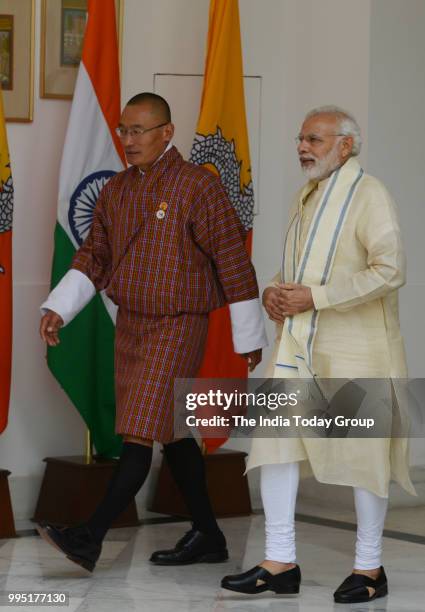 Bhutans Prime Minister, Tshering Tobgay and Prime Minister of India, Narendra Modi at Hyderabad House in New Delhi.