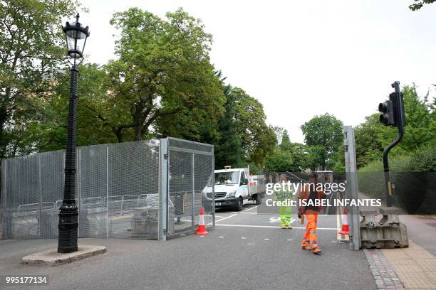 Security barriers are installed and roads closed close to Winfield House in Regent's Park, the US Ambassador's London residence, on July 10, 2018...