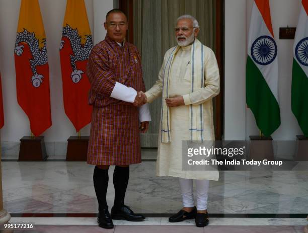 Bhutans Prime Minister, Tshering Tobgay and Prime Minister of India, Narendra Modi at Hyderabad House in New Delhi.