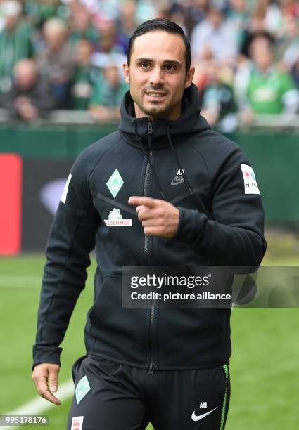 Bremen's head coach Alexander Nouri can be seen before the start of the German Bundesliga match between Werder Bremen and SC Freiburg at the...