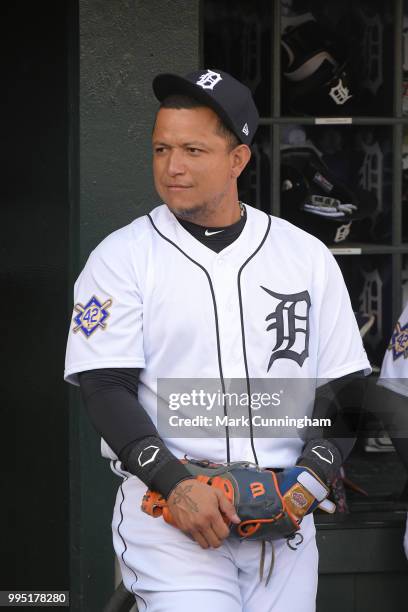 Miguel Cabrera of the Detroit Tigers looks on from the dugout at the start of game two of a double header against the New York Yankees at Comerica...