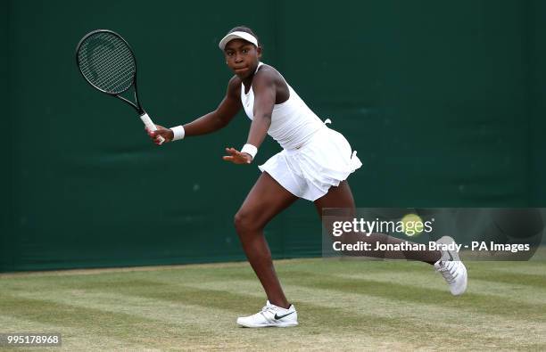 Cori Gauff in action on day eight of the Wimbledon Championships at the All England Lawn Tennis and Croquet Club, Wimbledon.
