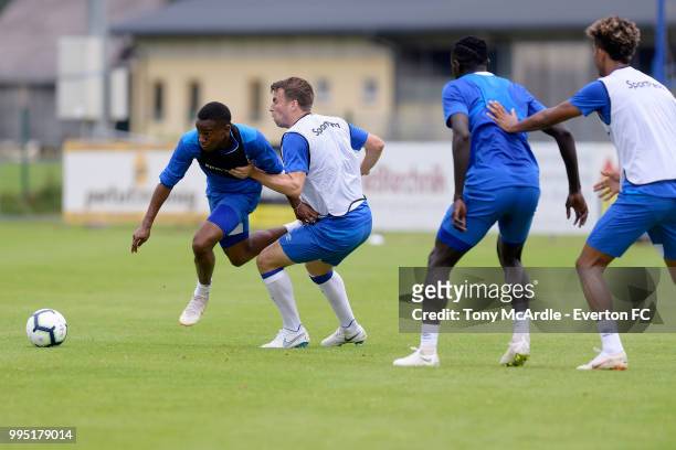 Ademola Lookman and Seamus Coleman of Everton challenge for the ball during the Everton training session on July 10, 2018 in Bad Mitterndorf, Austria.