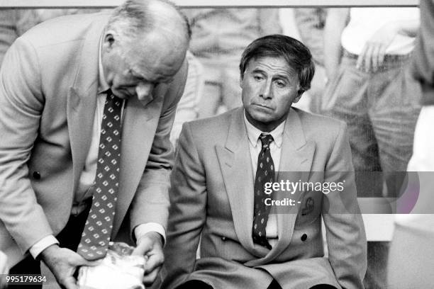 Portrait taken on June 27, 1984 shows coach of French national team Michel Hidalgo on the sideline during the European Nations championship match...