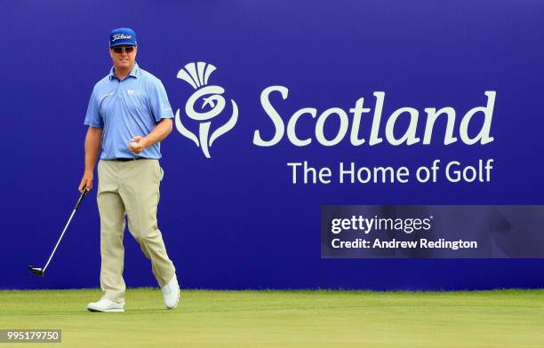 Charley Hoffman of the USA in action during practice for the Aberdeen Standard Investments Scottish Open at Gullane Golf Course on July 10, 2018 in...