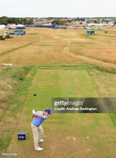 Charley Hoffman of the USA in action during practice for the Aberdeen Standard Investments Scottish Open at Gullane Golf Course on July 10, 2018 in...