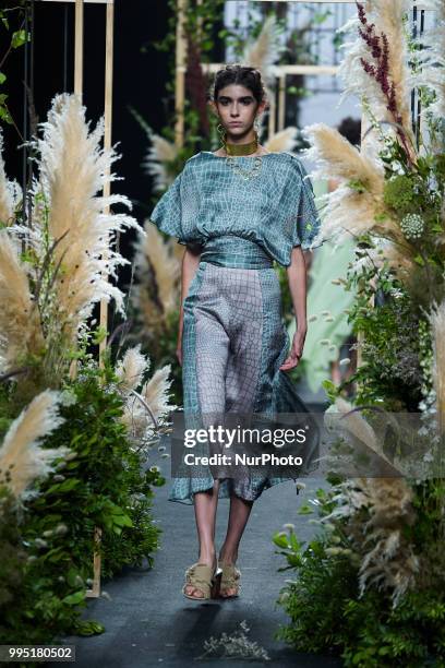 Model presents a creation by Spanish Inunez at the fashion show at the Mercedes-Benz Fashion Week Madrid Spring-Summer 2019, in IFEMA Madrid, Spain,...